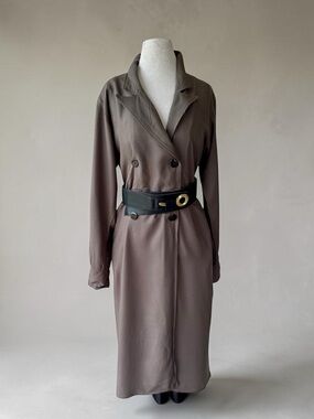 Vtg 80s Charles Allen Taupe Trench Coat Dress Sz 12 Midi Pockets Classic